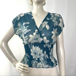 Blue and White Floral Sheer Top Y2K
